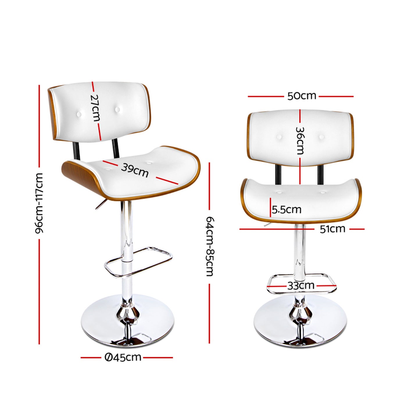 Jules Leather Bar Stool Adjustable (Set of 2) White