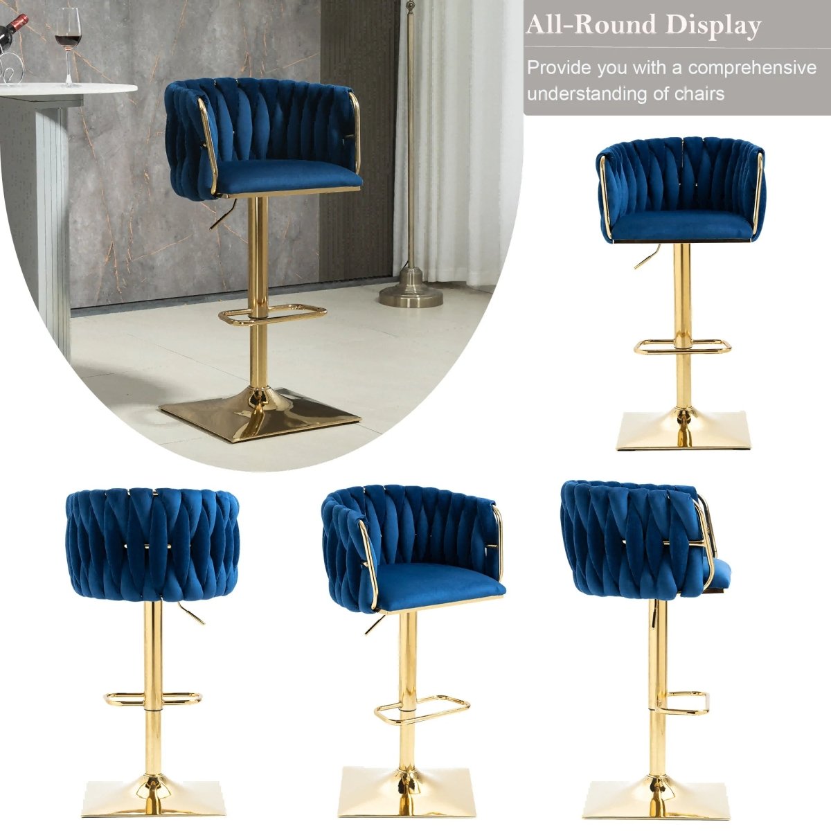 Tao Velvet Counter Stool Swivel Adjustable (Set of 2) Blue