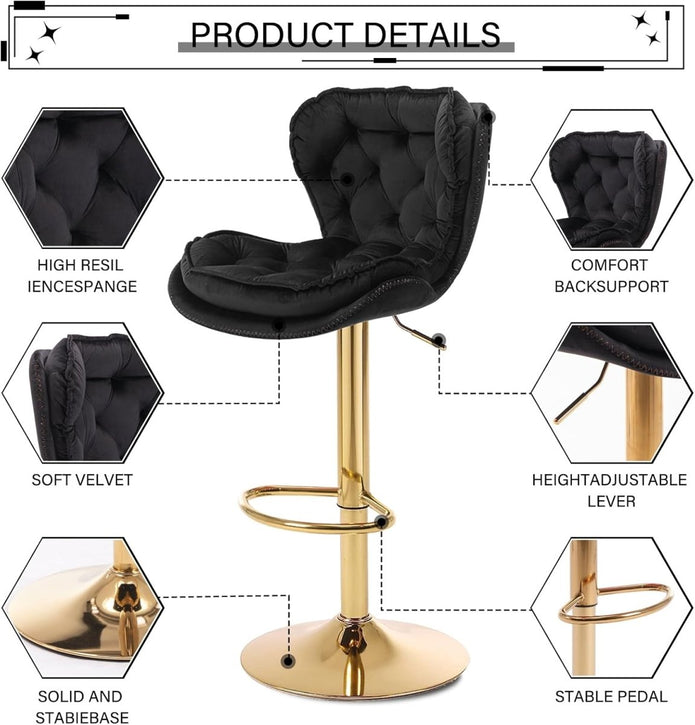 Vera Velvet Counter Stool Swivel Adjustable (Set of 2) Black & Red