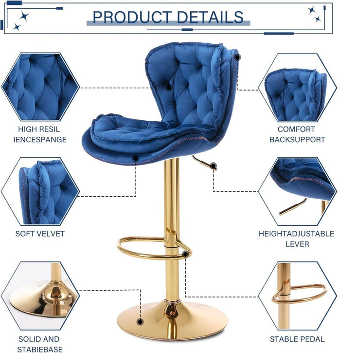 Sol Velvet Counter Stool Swivel Adjustable (Set of 2) Red & Blue