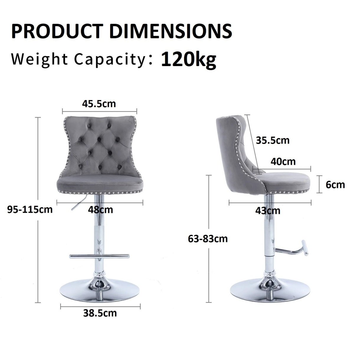Elan Velvet Counter Stool Swivel Adjustable Grey & Gray