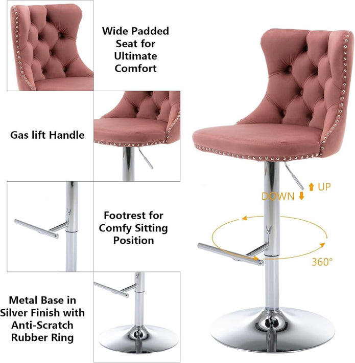 Ion Velvet Counter Stool Swivel Adjustable Pink