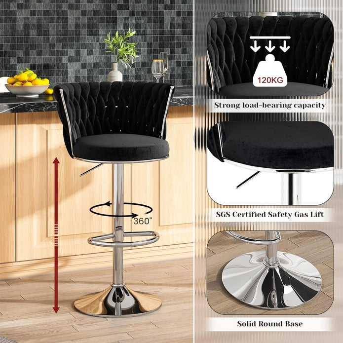 SERENITà Modern Silver Swivel Upholstered Velvet Adjustable Height Counter Stool with Metal Frame Black (Set of 2)
