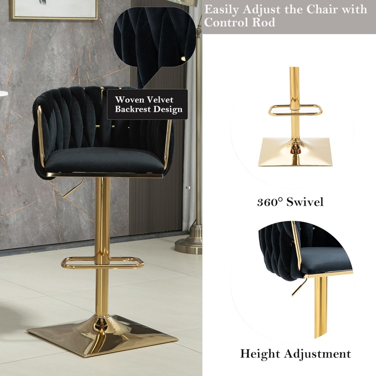 Goldie Velvet Counter Stool Swivel Adjustable (Set of 2) Black