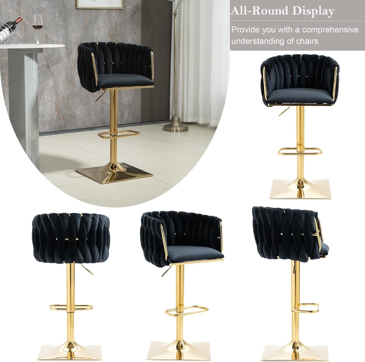 Goldie Velvet Counter Stool Swivel Adjustable (Set of 2) Black