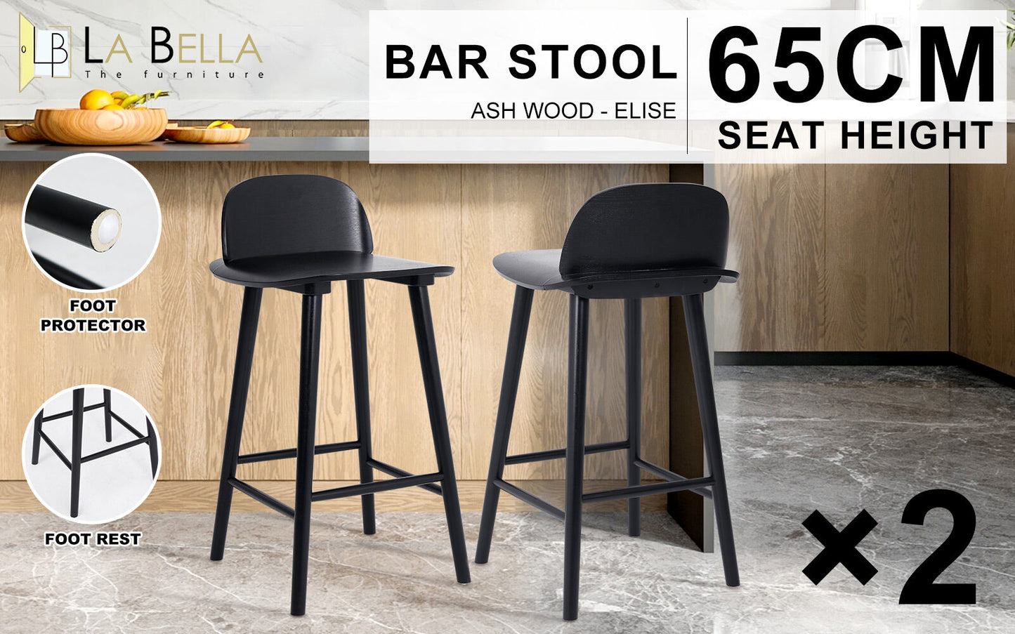 Fitz Wooden Dining Chair (Set of 2) Black 65cm