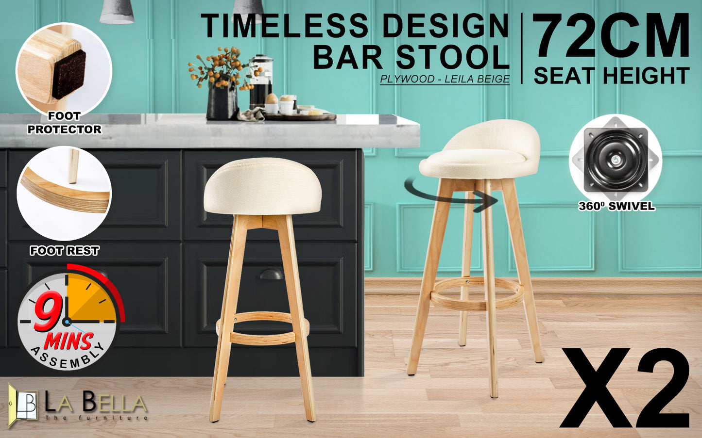 Slade Fabric Dining Chair (Set of 2) Beige 72cm