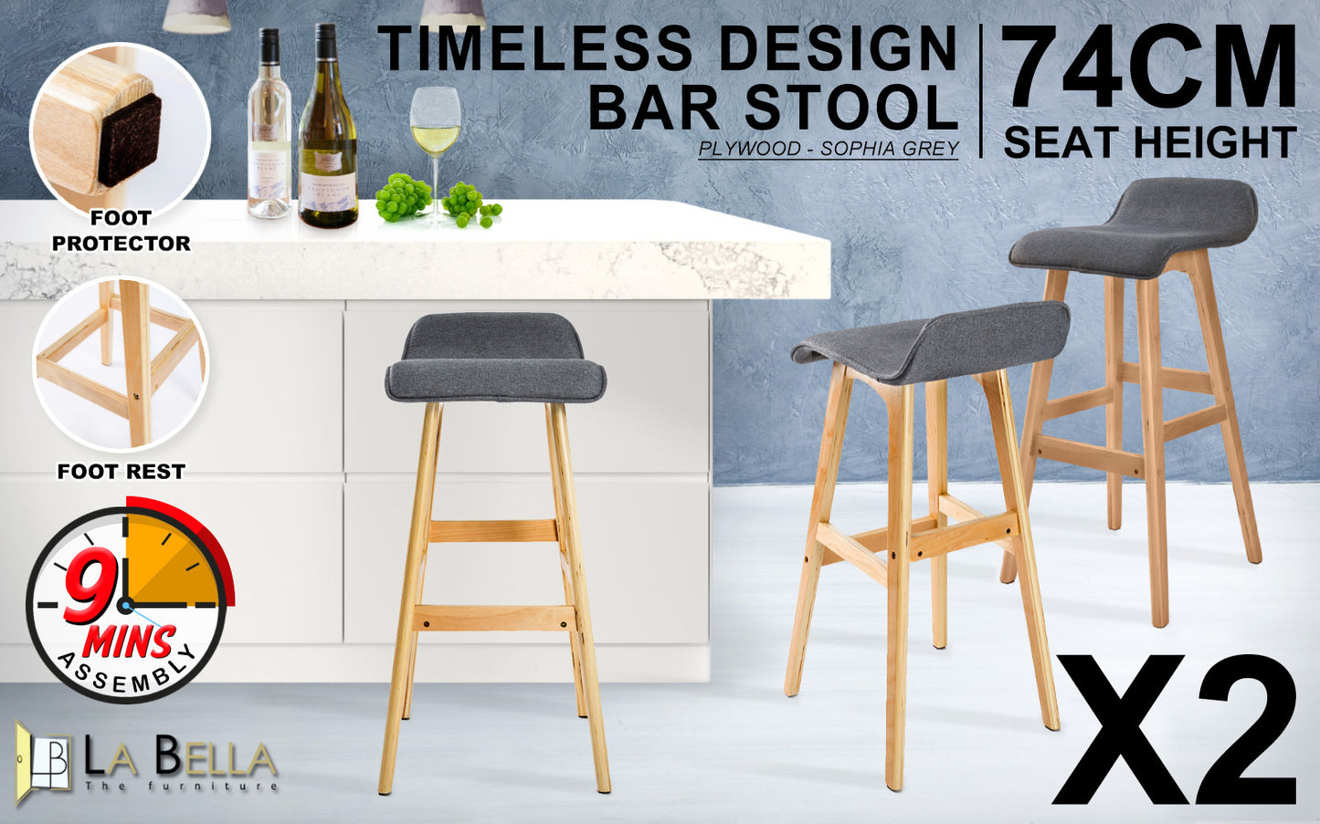 Hart Fabric Dining Chair (Set of 2) Grey 74cm