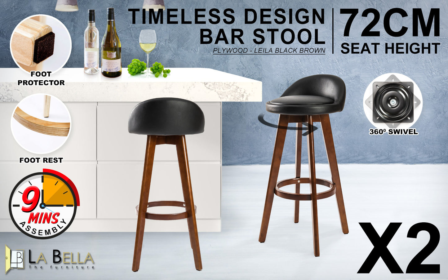 Ivy Leather Dining Chair (Set of 2) Black & Brown 72cm