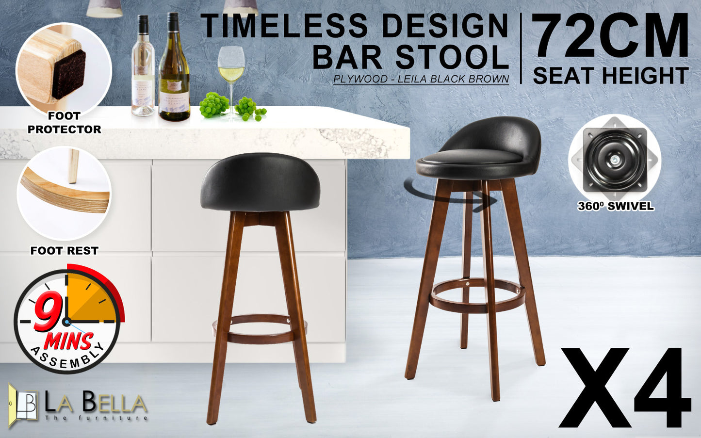 Ewan Leather Dining Chair (Set of 4) Black & Brown 72cm