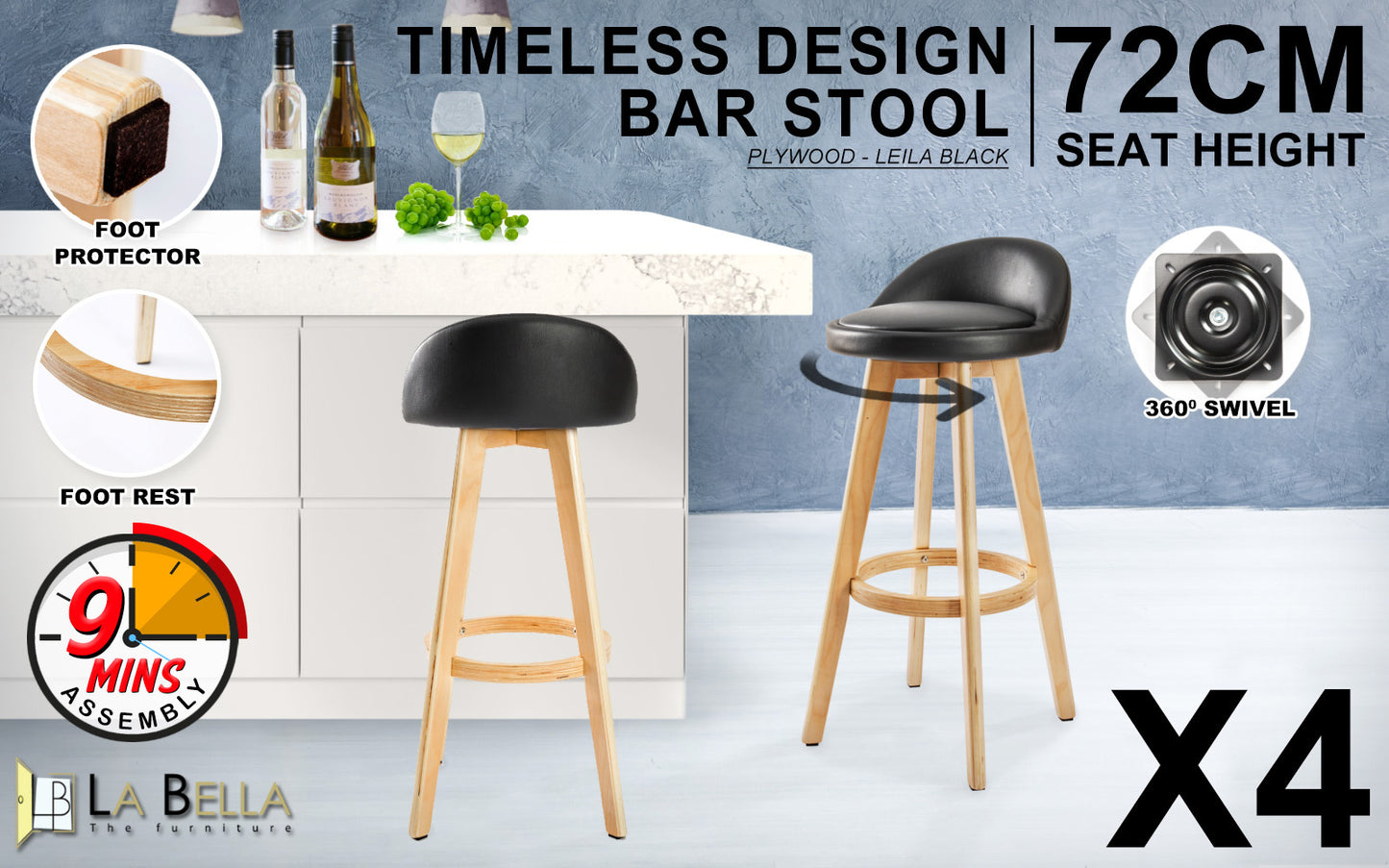 Holden Leather Dining Chair (Set of 4) Black 72cm